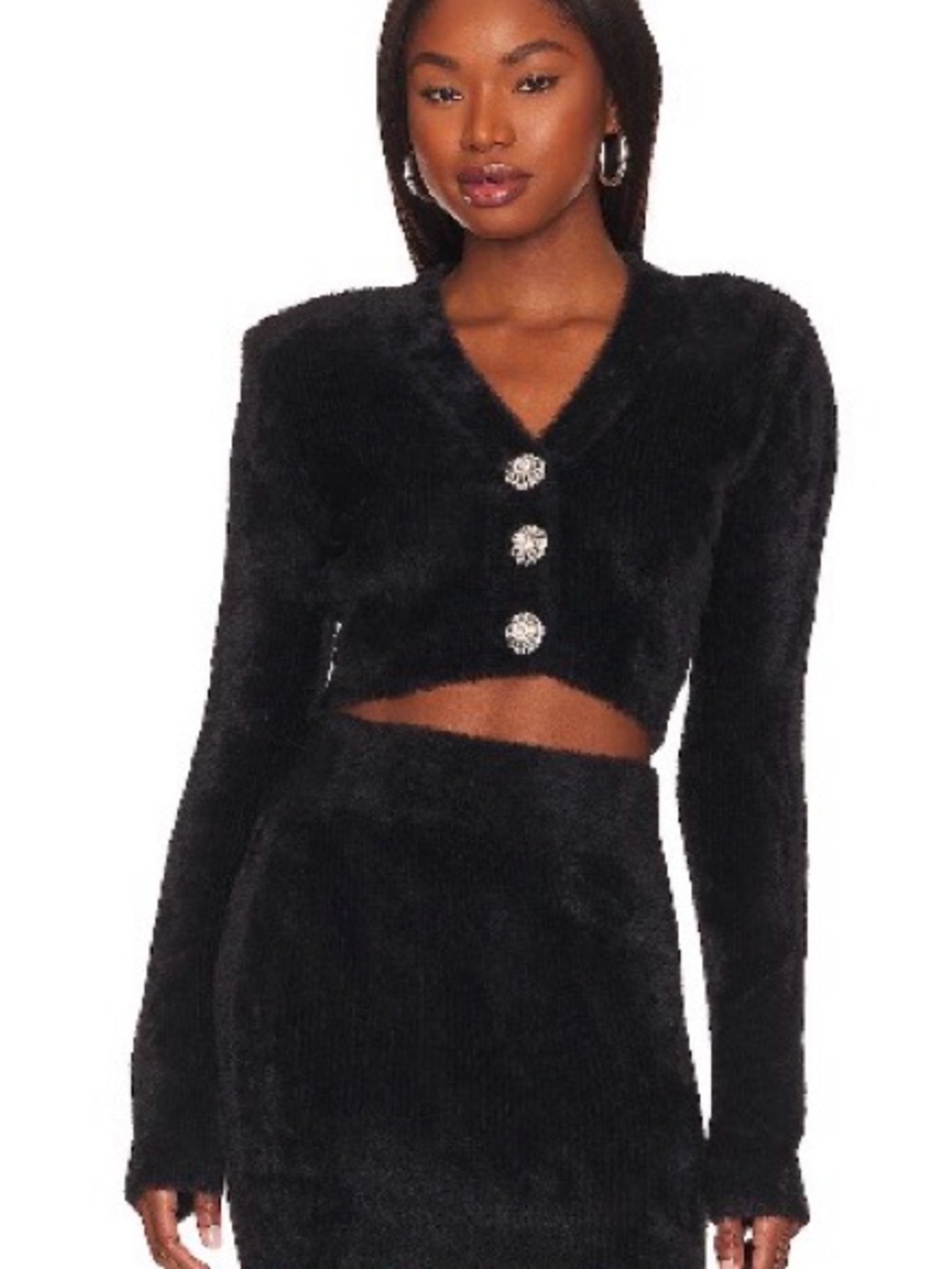NBD  Luxuries Black Fuzzy Cropped Cardigan $ Skirt Set  with Rhinestone Buttons